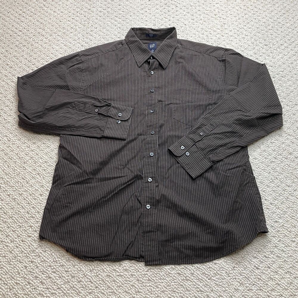 Gap Fitted Premium Shirt Mens XXL 18-18.5 Brown Striped Long Sleeve Pocket Top